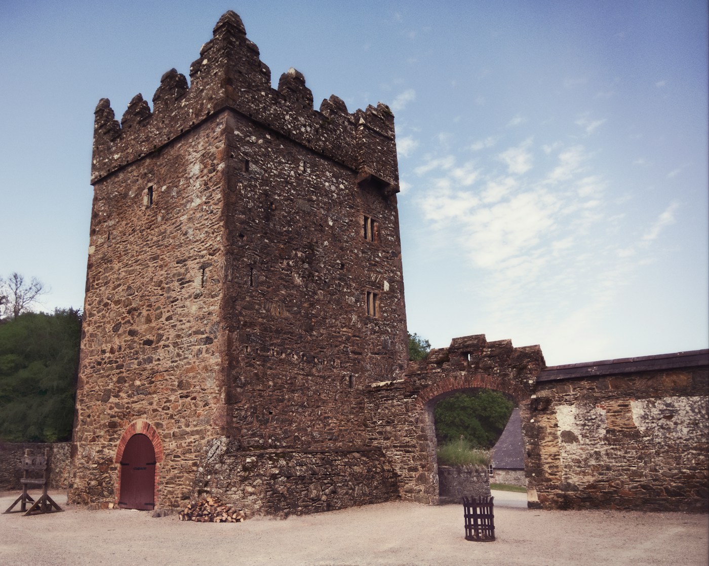The stone tower and barnyard at Castle Ward in Northern Ireland