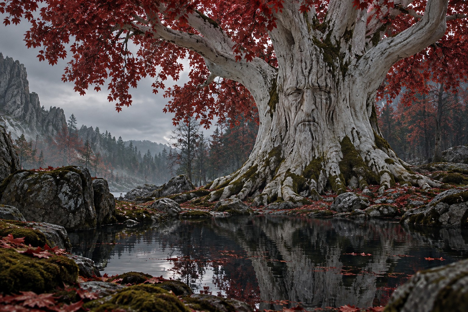 AI illustration of a white-barked tree with crimson leaves and a carved face.